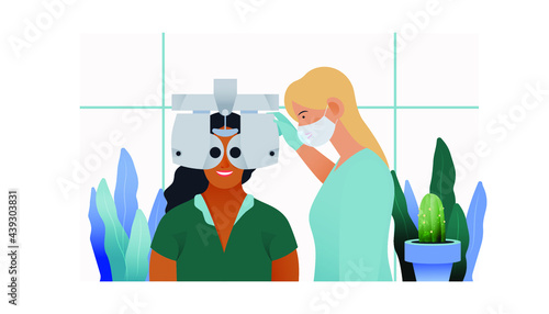 Ophthalmology. Eye Test and Prescription Glasses. Medical Specialist Hold Optometry Machine while Female Patient Has Eye Test in Medical Office. Modern Flat Vector Illustration. Social Media Template.