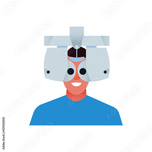 Ophthalmology. Eye Test and Prescription Glasses. Male Has Eye Test Use Optometry Machine in Medical Office. Modern Flat Vector Illustration. Social Media Template.