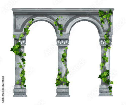 Marble vector arch illustration, stone ancient column colonnade isolated on white, green ivy leaves. Greek temple vintage pillars, creeper plant, green climber, palace archway front view. Marble arch