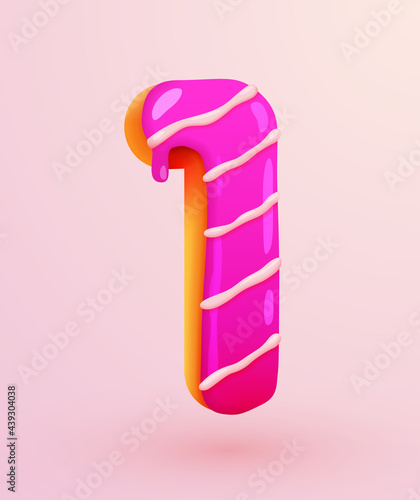 Glazed donut font. Number 1. Number one cake. Dessert style. Collection of tasty bakery numbers with cream. Anniversary and birthday concept.