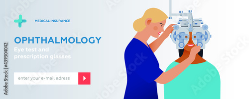 Ophthalmology. Eye Test and Prescription Glasses. Female Medical Specialist and Patient with Phoropter. Modern Flat Vector Illustration. Website Banner. Social Media Template.