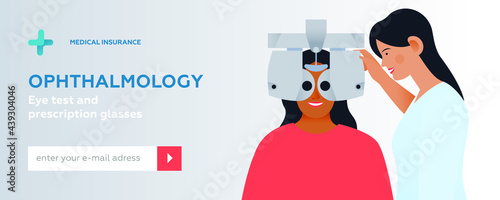 Ophthalmology. Eye Test and Prescription Glasses. Medical Specialist Hold Optometry Machine while Patient Has Eye Test. Modern Flat Vector Illustration. Website Banner.