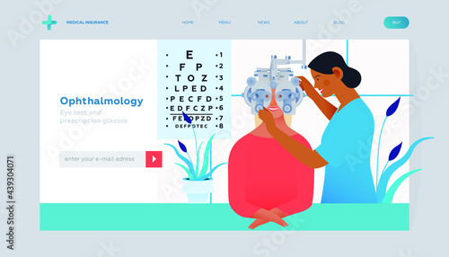 Ophthalmology. Eye Test and Prescription Glasses. Female Medical Specialist and Patient with Phoropter in Medical Office. Modern Flat Vector Illustration. Landing Page Template. Website Banner.