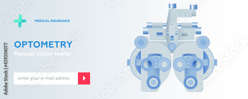 Optometry. Manual Vision Tester. Medical Equipment. Modern Flat Vector Illustration. Website Banner. Social Media Template.