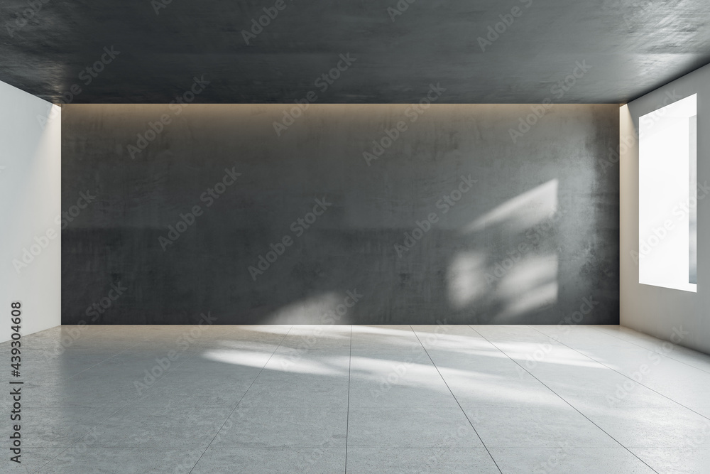 Sunny empty hall room with dark wall, window and light squared floor. 3D rendering, mock up Sunny empty hall room with dark wall, window and light squared floor. 3D rendering, mock up