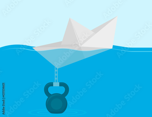 Paper Boat chained to the weight. Vector illustration.