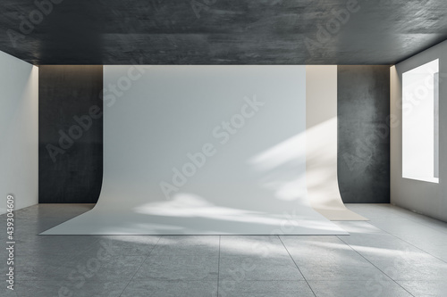 Sunny dark wall photo studio with vinyl wallpaper and ceramic tales floor. 3D rendering  mockup