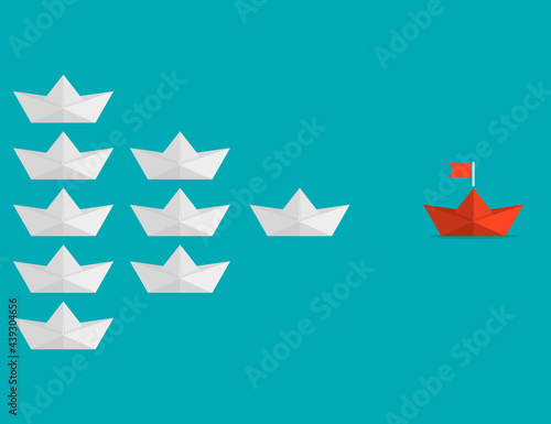 Paper origami boat orange leadership go to success goal. Vector illustration.
