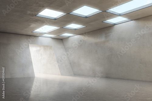 Fototapeta Naklejka Na Ścianę i Meble -  Stylish empty concrete hall area with glossy floor and lights from windows on top and tunnel entrance for car presentation and defile. 3D rendering, mock up