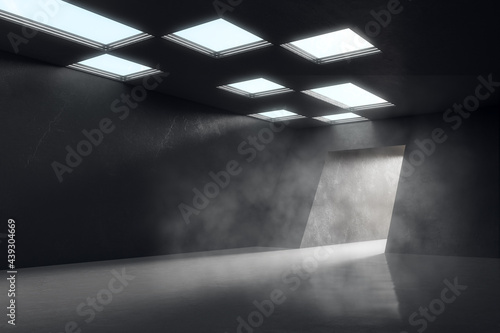Fototapeta Naklejka Na Ścianę i Meble -  Illuminated tunnel entrance in spacious dark hall with lights on top and wall with copyspace for presentation. 3D rendering, mockup