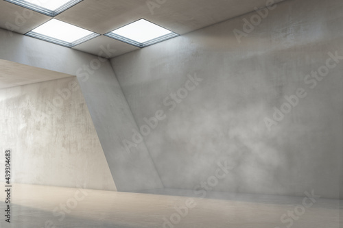 Blank concrete wall for product presentation in abstarct concrete hall with illuminated tunnel entrance. 3D rendering, mockup