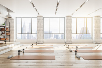Fototapete Yogaschule Zeitgenössisches Beton-Yoga-Fitnessstudio mit Ausrüstung, Tageslicht und Holzböden. Gesundes Lebensstilkonzept. 3D-Rendering.  © Who is Danny