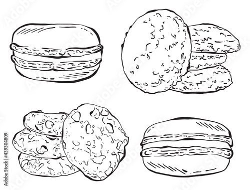 Hand Drawn Cookies and Macaroons, Detailed Black and White Vector Illustrations