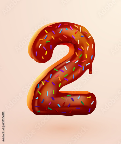 Glazed donut font. Number 2. Number two cake. Dessert style. Collection of tasty bakery numbers with cream. Anniversary and birthday concept.