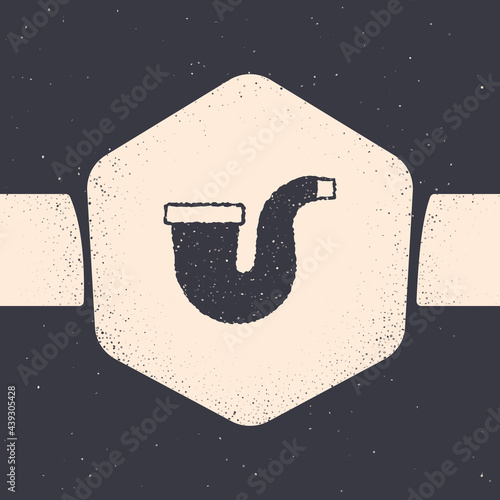 Grunge Smoking pipe with smoke icon isolated on grey background. Tobacco pipe. Monochrome vintage drawing. Vector