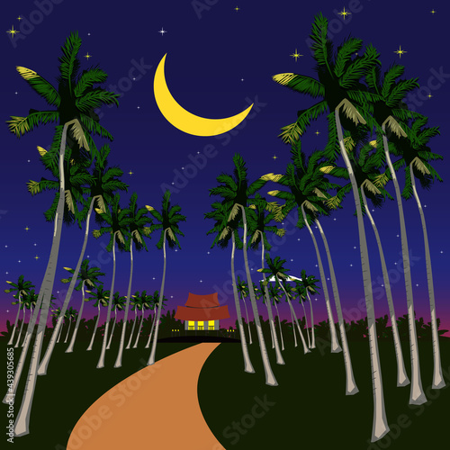  Vector illustration with traditional malay village house or Kampung surrounded with coconut trees during nightime. 