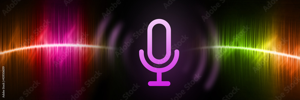 Banner of microphone icon with colorful soundwaves on black background