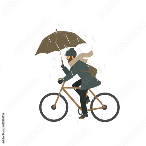man is riding bike under the rain holding umbrella isolated vector  illustration autumn fall winter  scene