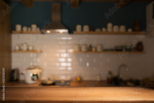 interior of kitchen in restaurant and napkin and desk space