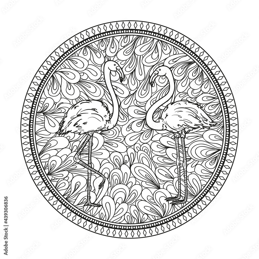 Circle zendala. Birds. Zentangle. Abstract wallpaper. Hand drawn foliage mandala on isolated background. Flamingo. Design for spiritual relaxation for adults. Black and white illustration for coloring