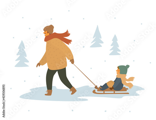 winter activity sledding isolated vector illustration scene grahic