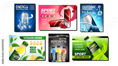 Energy Drink Creative Promotion Posters Set Vector. Vitamin Energy Drink Blank Bottles And Packages, Natural Orange Fruit And Cherry Berry On Advertise Banners. Style Concept Template Illustrations