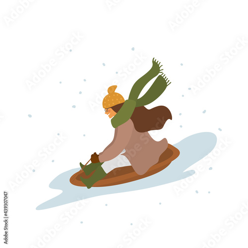 cute woman winter sledding vector illustration