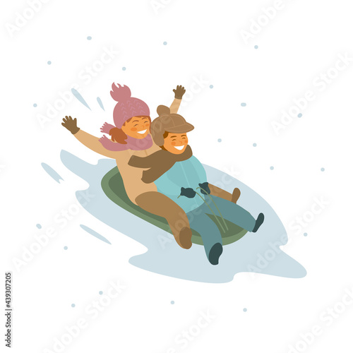 cute boy and girl children winter sledding together isolated vector illustration scene