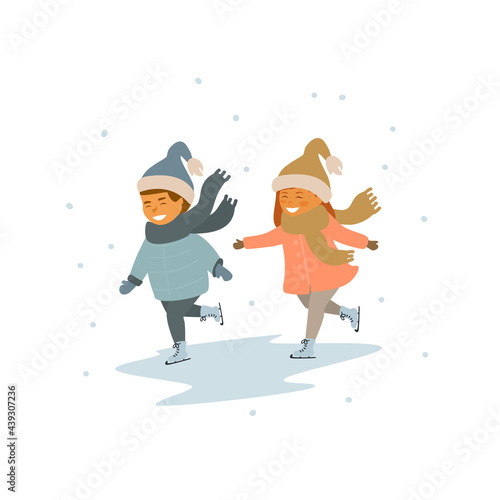 children boy and girl winter ice figure skating on ice rink vector illustration scene