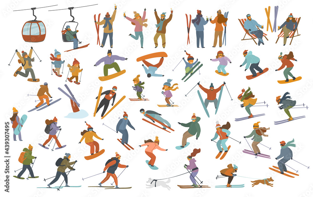 collection of winter people, men women children downhill skiing, snowboarding, cross-country skiers, skijoring, jumping, snowshoeing, having party at resort cartoon vector illustration scenes set