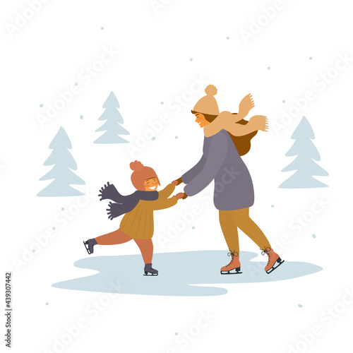 mother and child ice skating on ice rink isolated vector illustration scene graphic