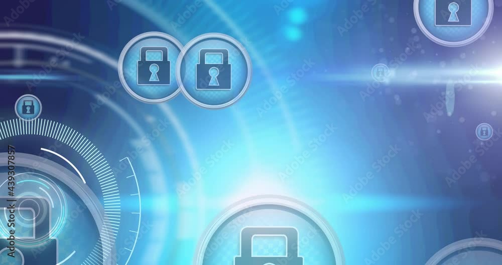 Animation of network with online security padlock icons with scope scanning Animation of network with online security padlock icons with scope scanning
