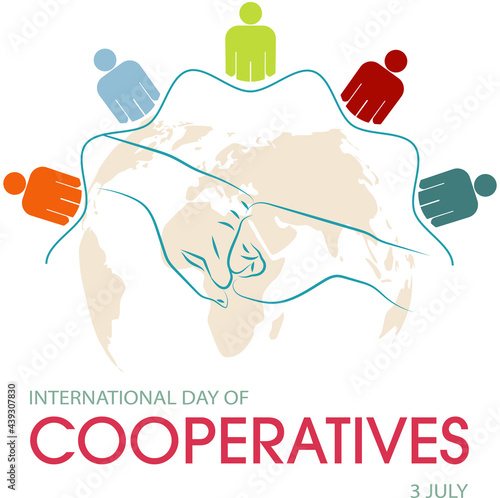 International day of cooperatives, current greeting with a closed hand on a world map, concept of unity, vector in blue and orange tones.