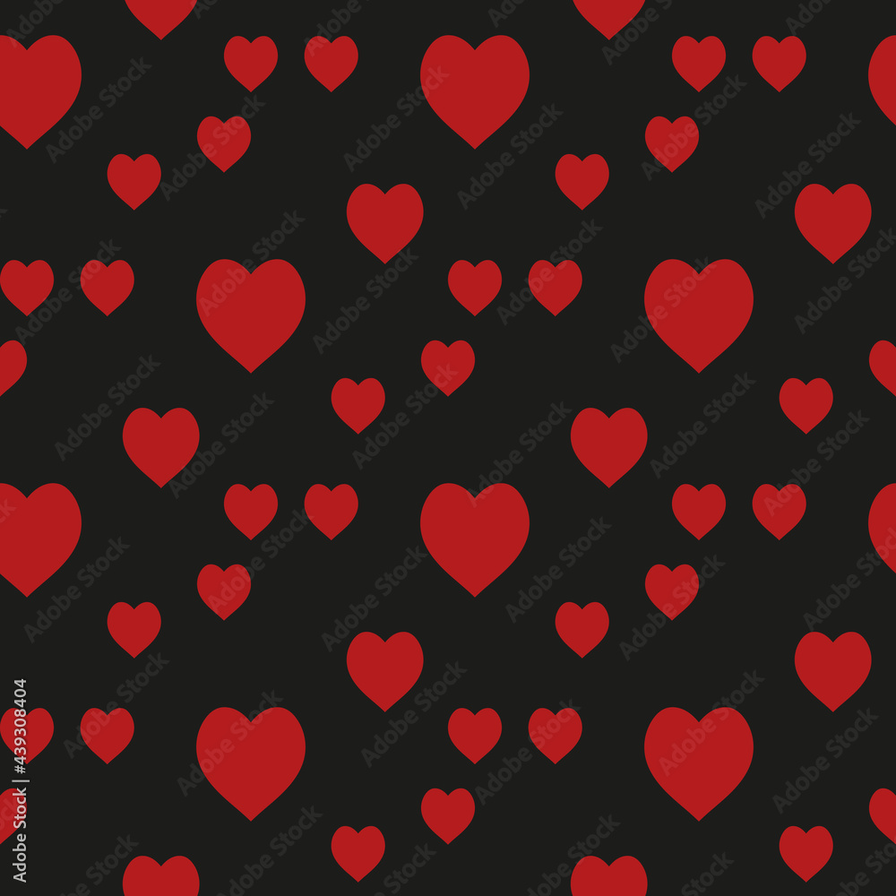 Seamless pattern with red hearts on black background. Vector image.