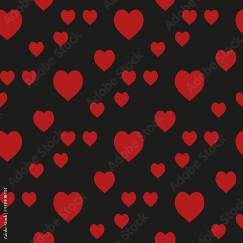 Seamless pattern with red hearts on black background. Vector image.