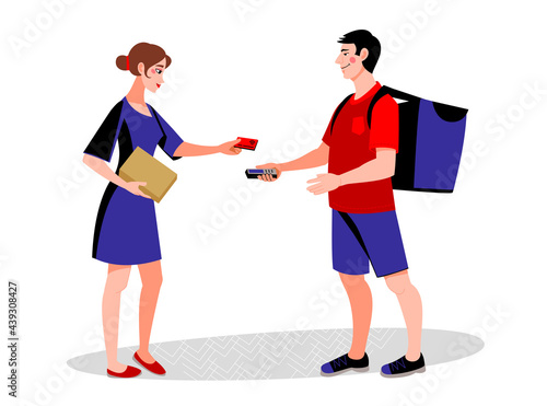 Home delivery. The client pays for the parcel by card. A courier delivers a package box to a woman.