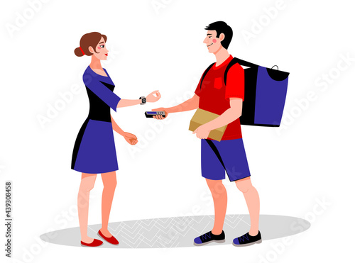 Home delivery. The client pays for the parcel by smartwatch. A courier delivers a package box to a woman.