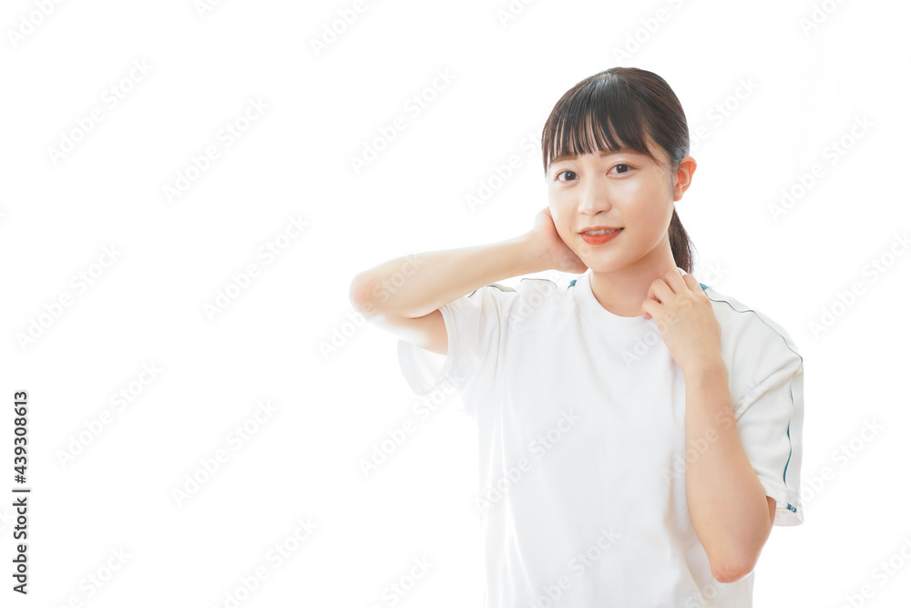 汗を拭う若い女性 汗を拭う若い女性
