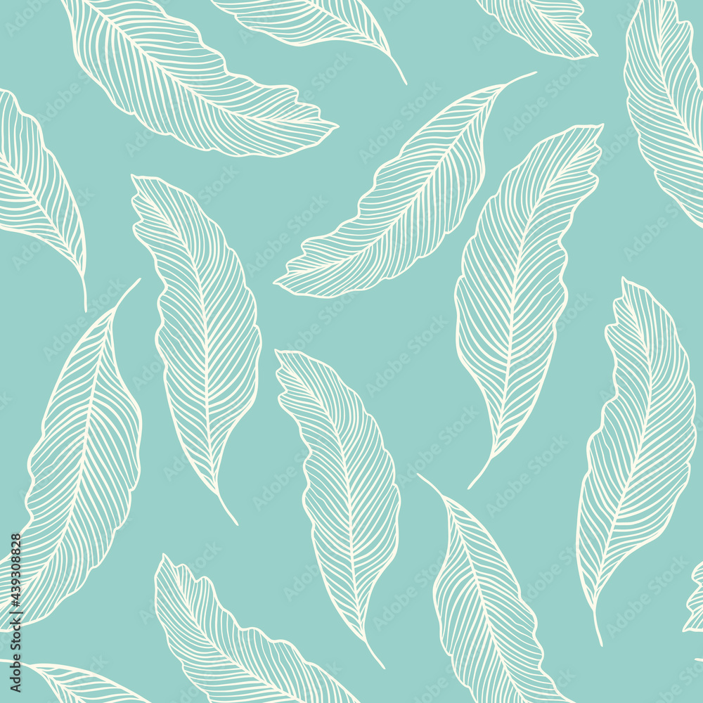 Fototapeta premium Seamless pattern with leaves vector. Background with silhouette of leaves on a green background. Botanical natural repeating backdrop.