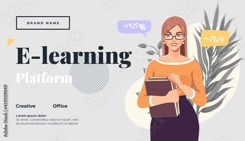 Landing page template for online courses, distance education, Internet studying, training. Yong female teacher having a lesson. Vector illustration