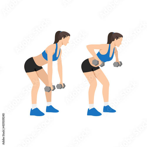 Woman doing Dumbbell row exercise. Flat vector illustration isolated on white background
