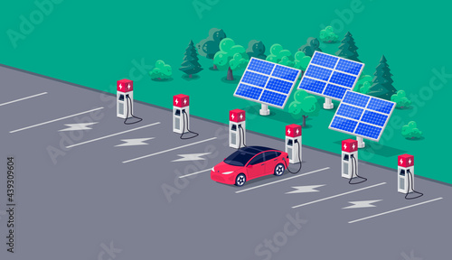 Electric car charging on parking lot area with fast supercharger station and many charger stalls. Vehicle on renewable solar panel power station electricity network grid. Flat vector illustration.