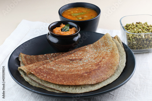 Green gram Dosa, Dosa, South Indian snack, green Dosa, Pesarattu Dosa, served with sambar and white coconut and red chutney