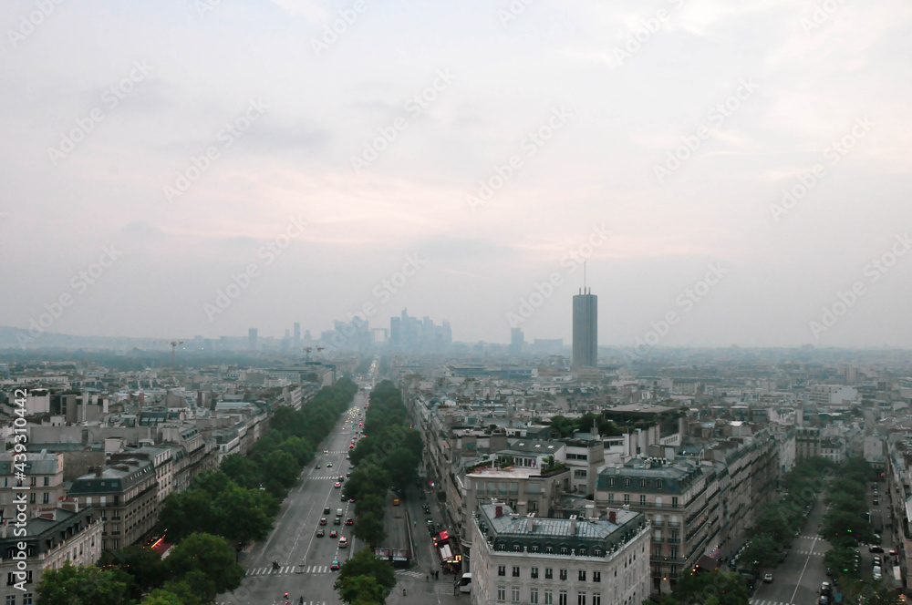 Paris cityscapes from above in the fog