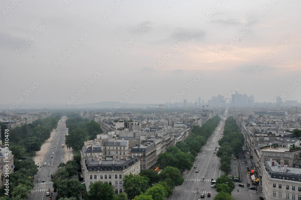 Paris cityscapes from above in the fog