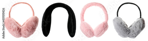 Stylish warm earmuffs on white background, collage. Banner design