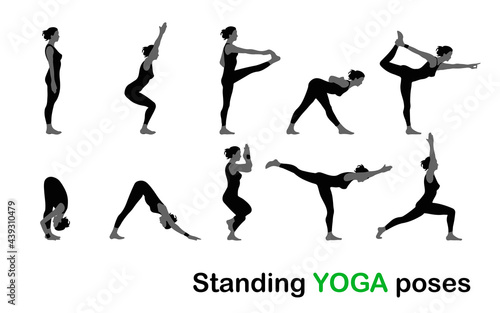 Women stands in yoga poses set of silhouettes. vector