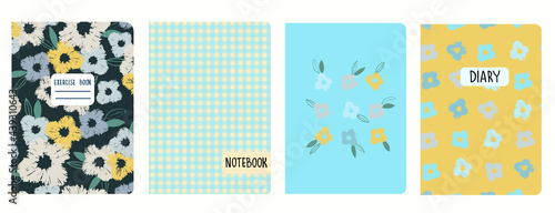Set of cover page templates with viola flowers and hand drawn trendy gingham checks. Based on seamless patterns. Headers isolated and replaceable. Perfect for school notebooks, notepads, diaries