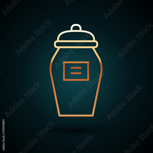 Gold line Funeral urn icon isolated on dark blue background. Cremation and burial containers, columbarium vases, jars and pots with ashes. Vector