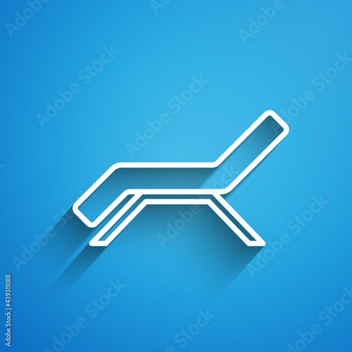 White line Sunbed icon isolated on blue background. Sun lounger. Long shadow. Vector